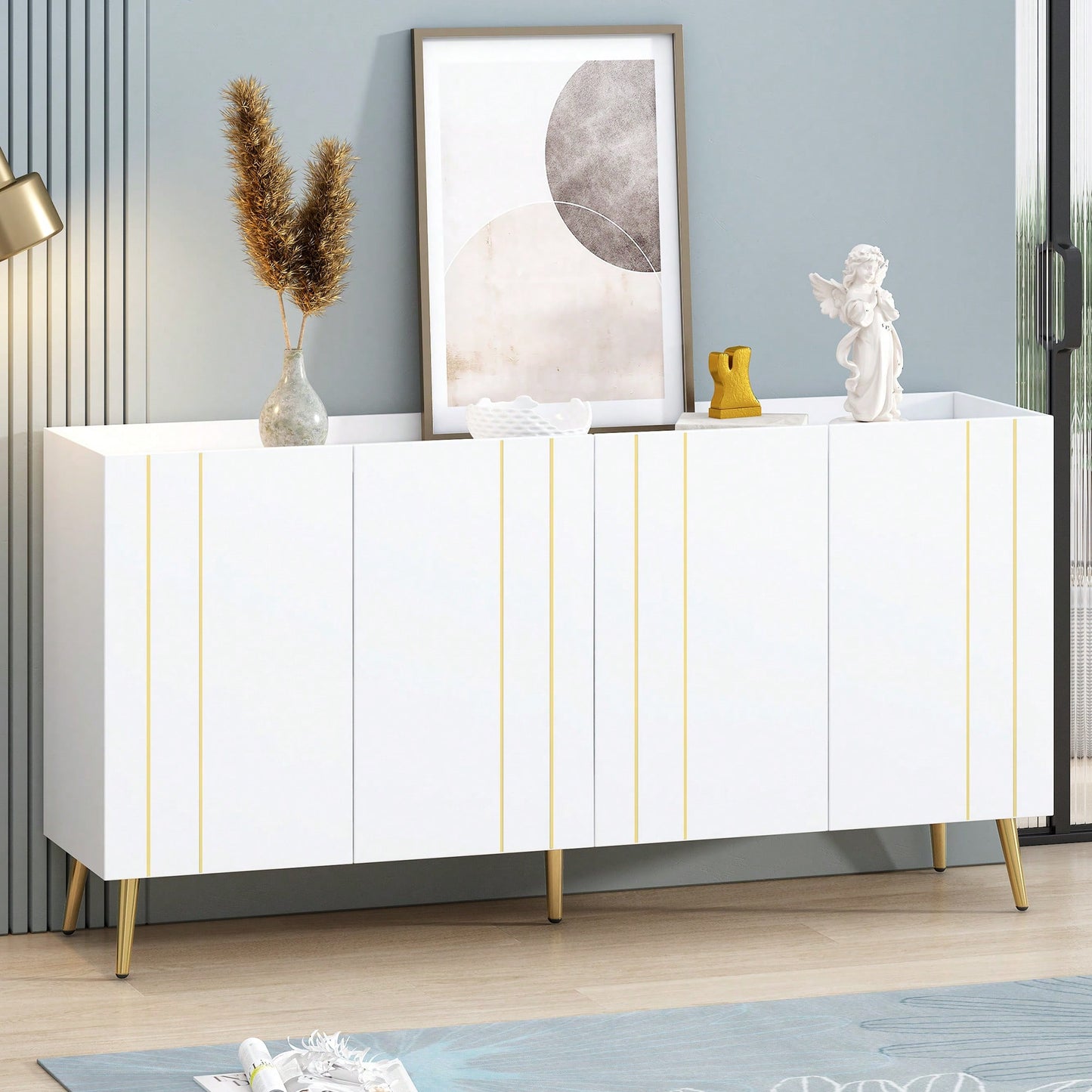 Luxurious White Shoe Cabinet and Modern TV Stand for TVs Up to 70 Inches Minimalist Sideboard with Adjustable Shelves and Gold Line Doors