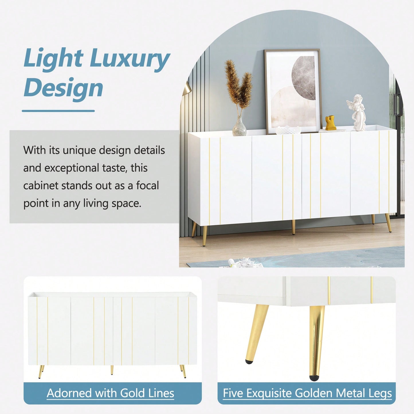 Luxurious White Shoe Cabinet and Modern TV Stand for TVs Up to 70 Inches Minimalist Sideboard with Adjustable Shelves and Gold Line Doors