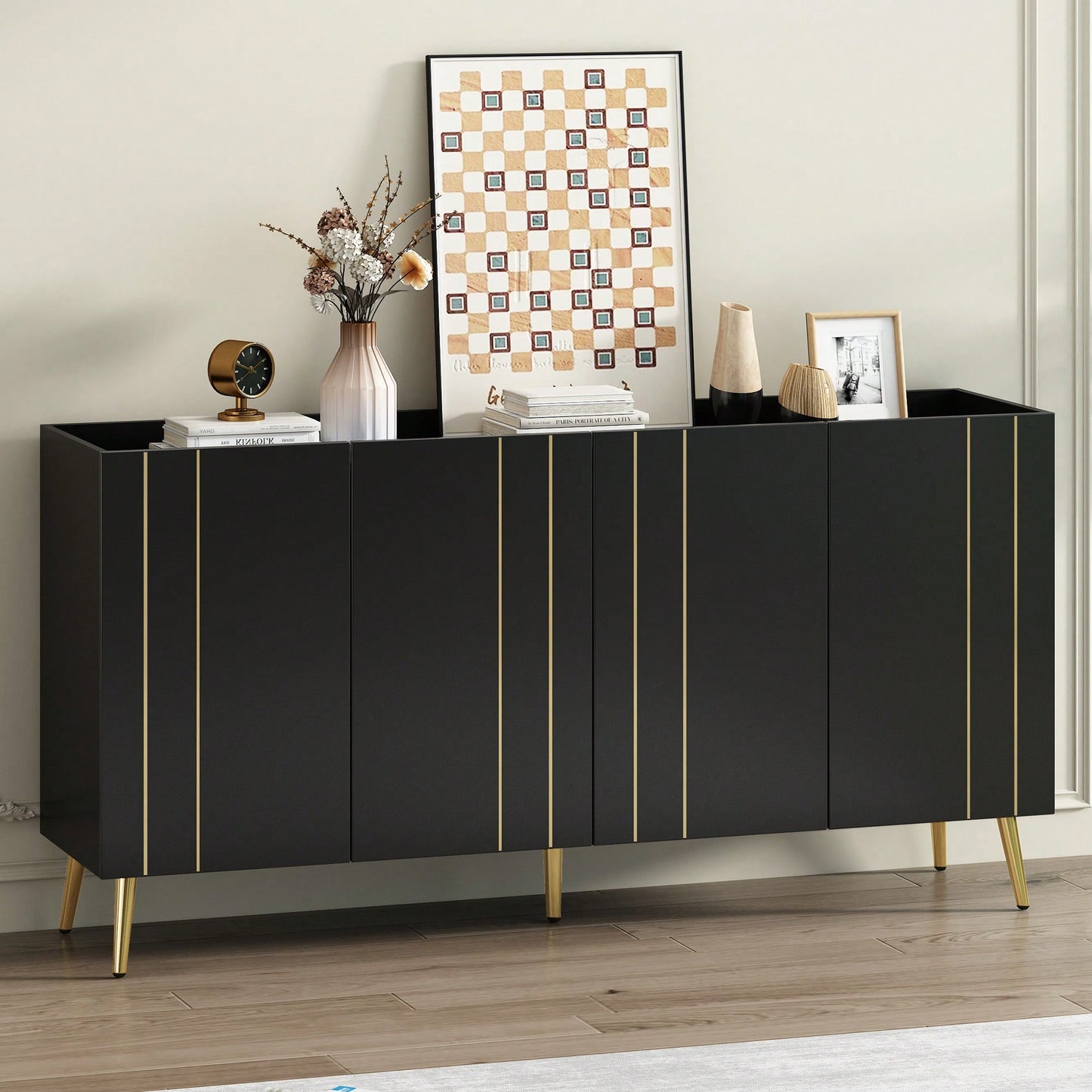 Luxurious White Shoe Cabinet and Modern TV Stand for TVs Up to 70 Inches Minimalist Sideboard with Adjustable Shelves and Gold Line Doors