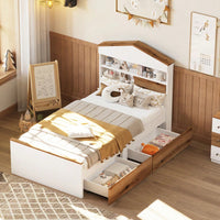 Twin House-Shaped Wooden Bed With Headboard Storage Shelf And Two Built-In Drawers In Brown