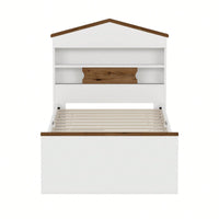 Twin House-Shaped Wooden Bed With Headboard Storage Shelf And Two Built-In Drawers In Brown