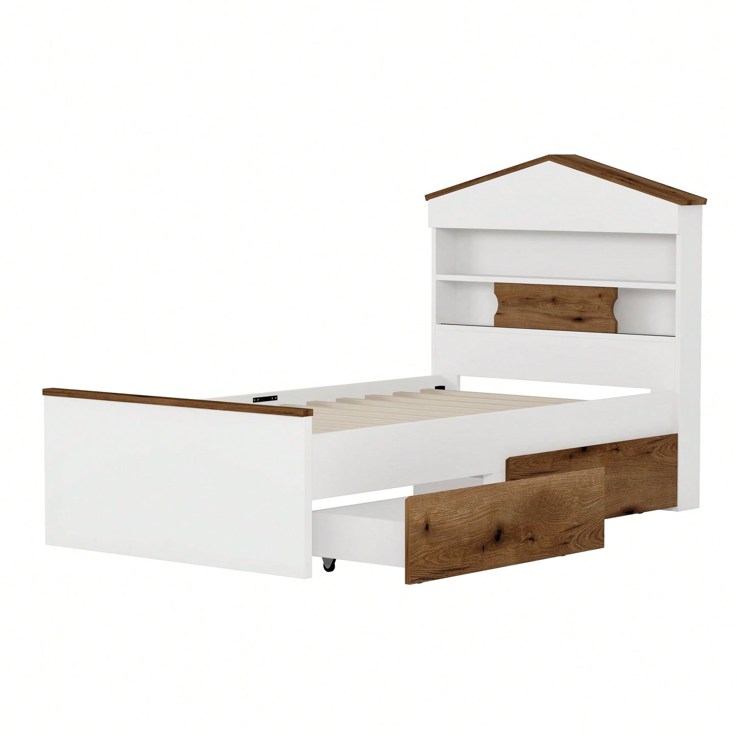 Twin House-Shaped Wooden Bed With Headboard Storage Shelf And Two Built-In Drawers In Brown