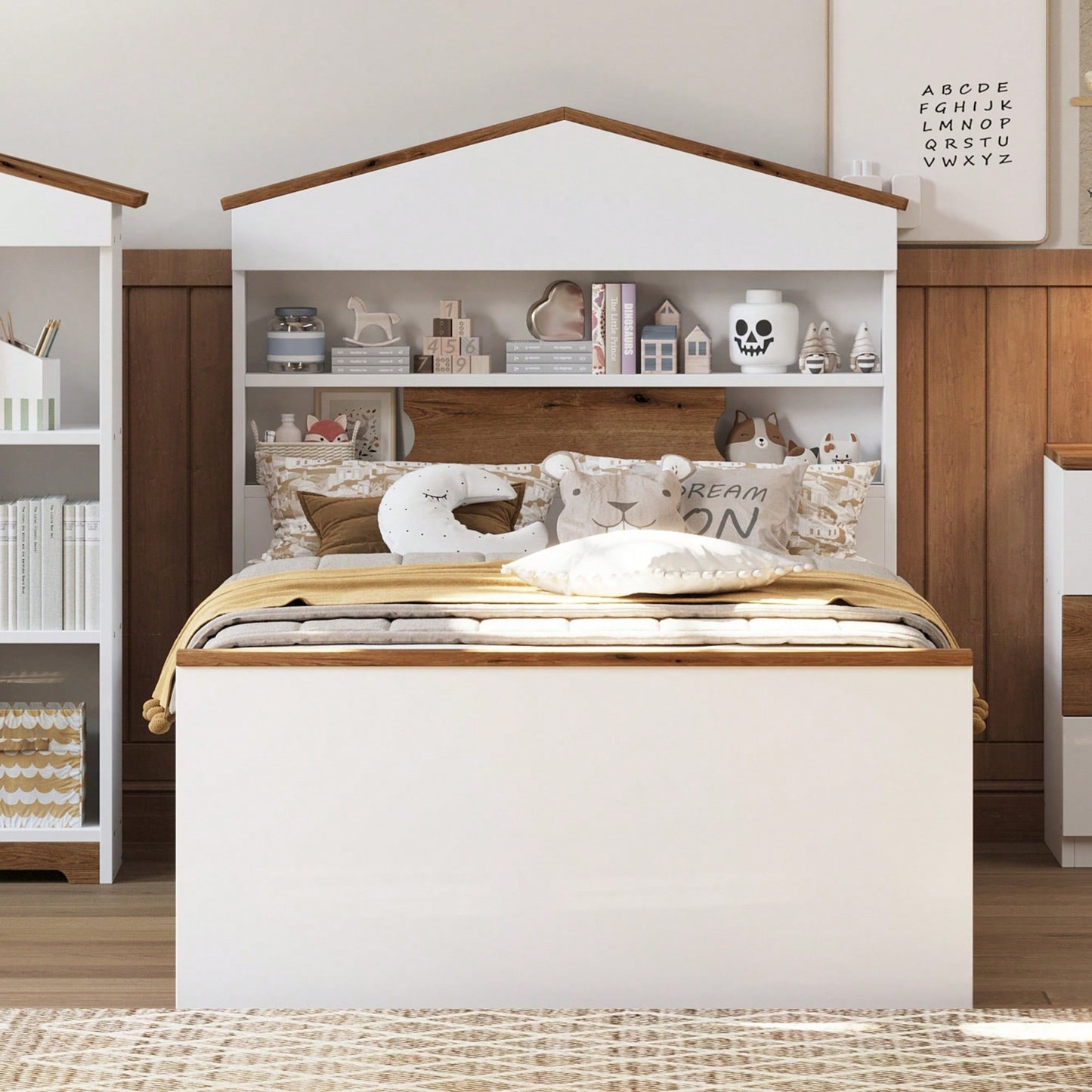 Twin House-Shaped Wooden Bed With Headboard Storage Shelf And Two Built-In Drawers In Brown