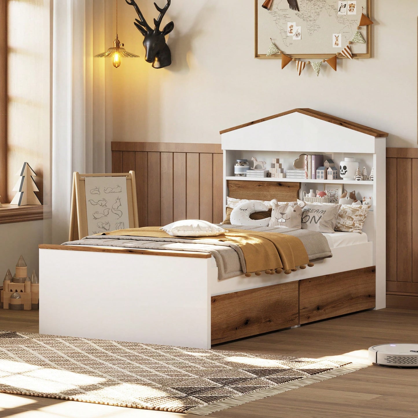 Twin House-Shaped Wooden Bed With Headboard Storage Shelf And Two Built-In Drawers In Brown