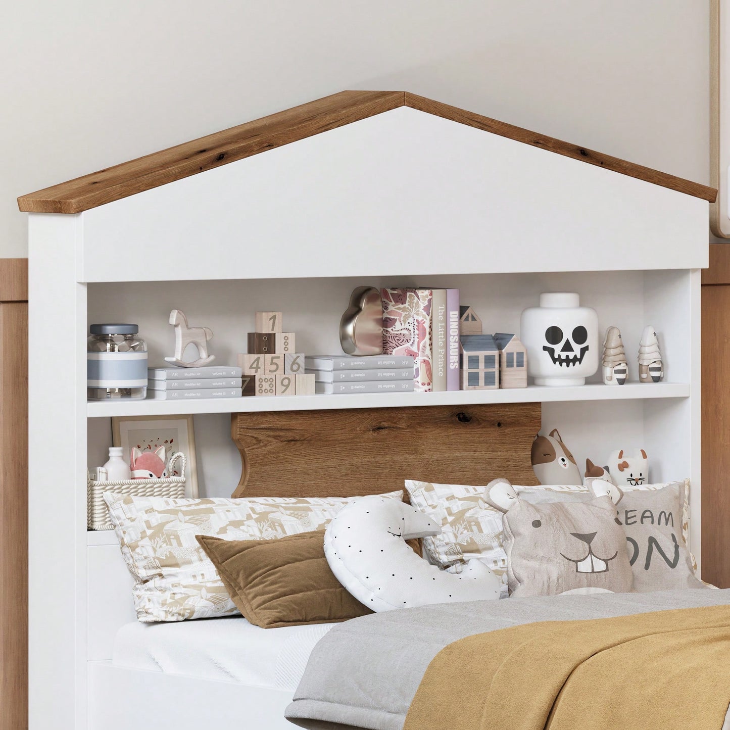 Twin House-Shaped Wooden Bed With Headboard Storage Shelf And Two Built-In Drawers In Brown