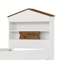 Twin House-Shaped Wooden Bed With Headboard Storage Shelf And Two Built-In Drawers In Brown