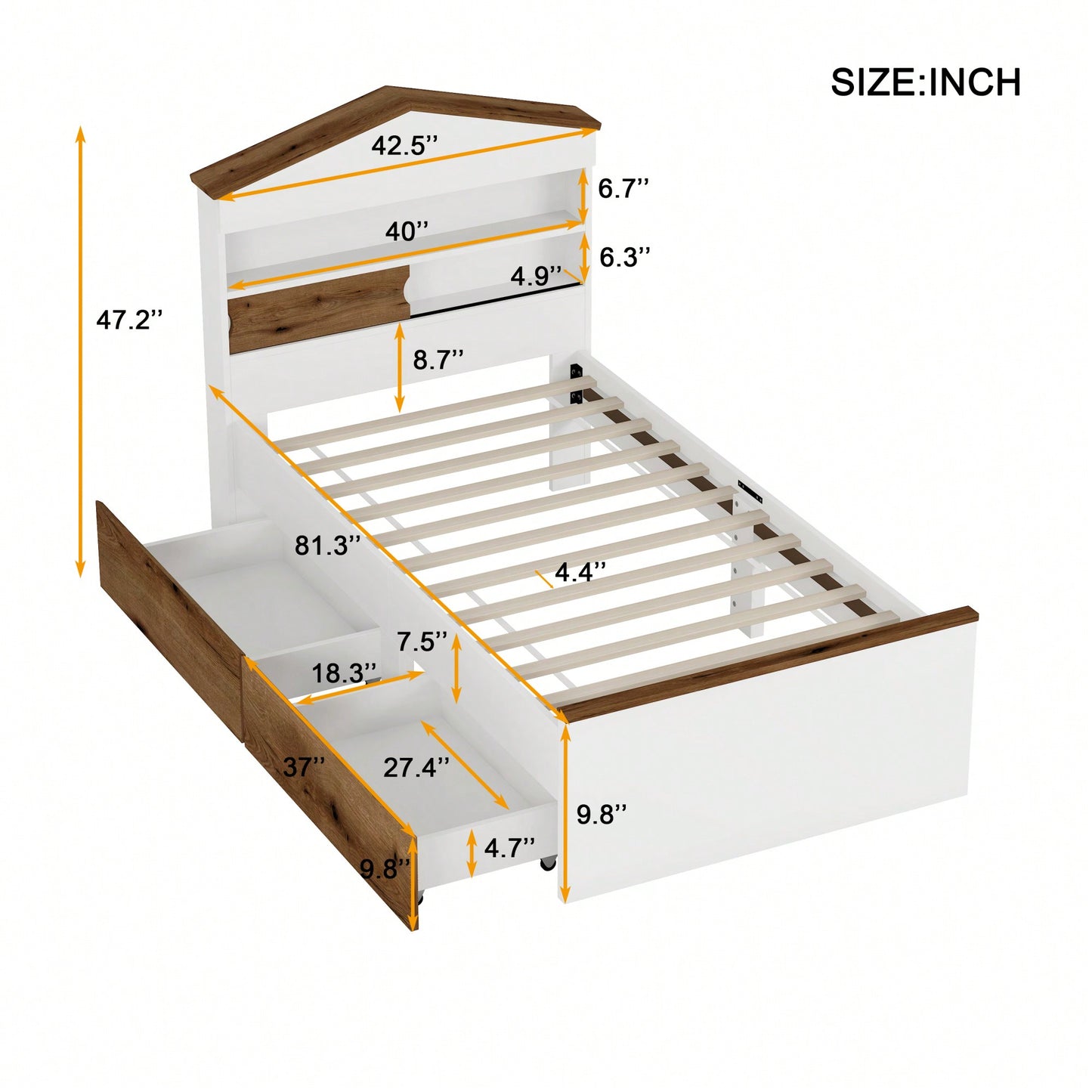 Twin House-Shaped Wooden Bed With Headboard Storage Shelf And Two Built-In Drawers In Brown