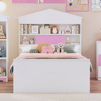 Twin House-Shaped Wooden Bed With Headboard Storage Shelf And Two Built-In Drawers In Brown