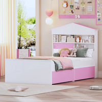 Twin House-Shaped Wooden Bed With Headboard Storage Shelf And Two Built-In Drawers In Brown