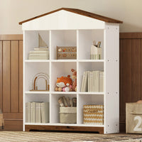 House-Shaped Three-Layer Bookshelf With Nine Colorblock Storage Compartments In White And Brown