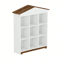 House-Shaped Three-Layer Bookshelf With Nine Colorblock Storage Compartments In White And Brown