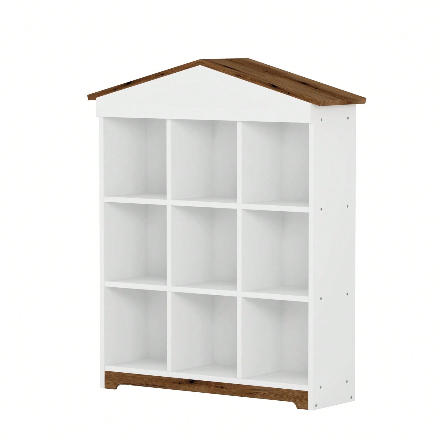 House-Shaped Three-Layer Bookshelf With Nine Colorblock Storage Compartments In White And Brown