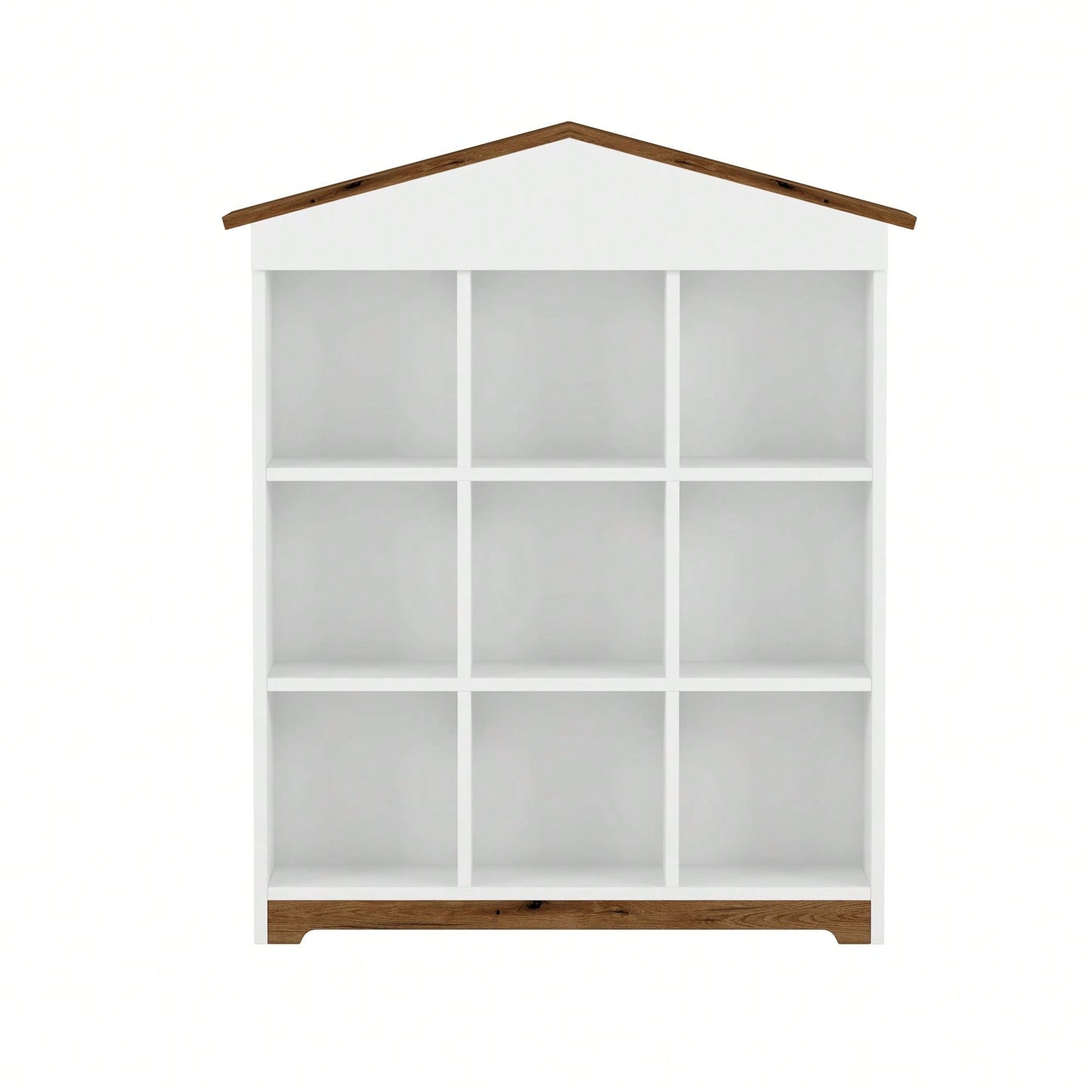 House-Shaped Three-Layer Bookshelf With Nine Colorblock Storage Compartments In White And Brown