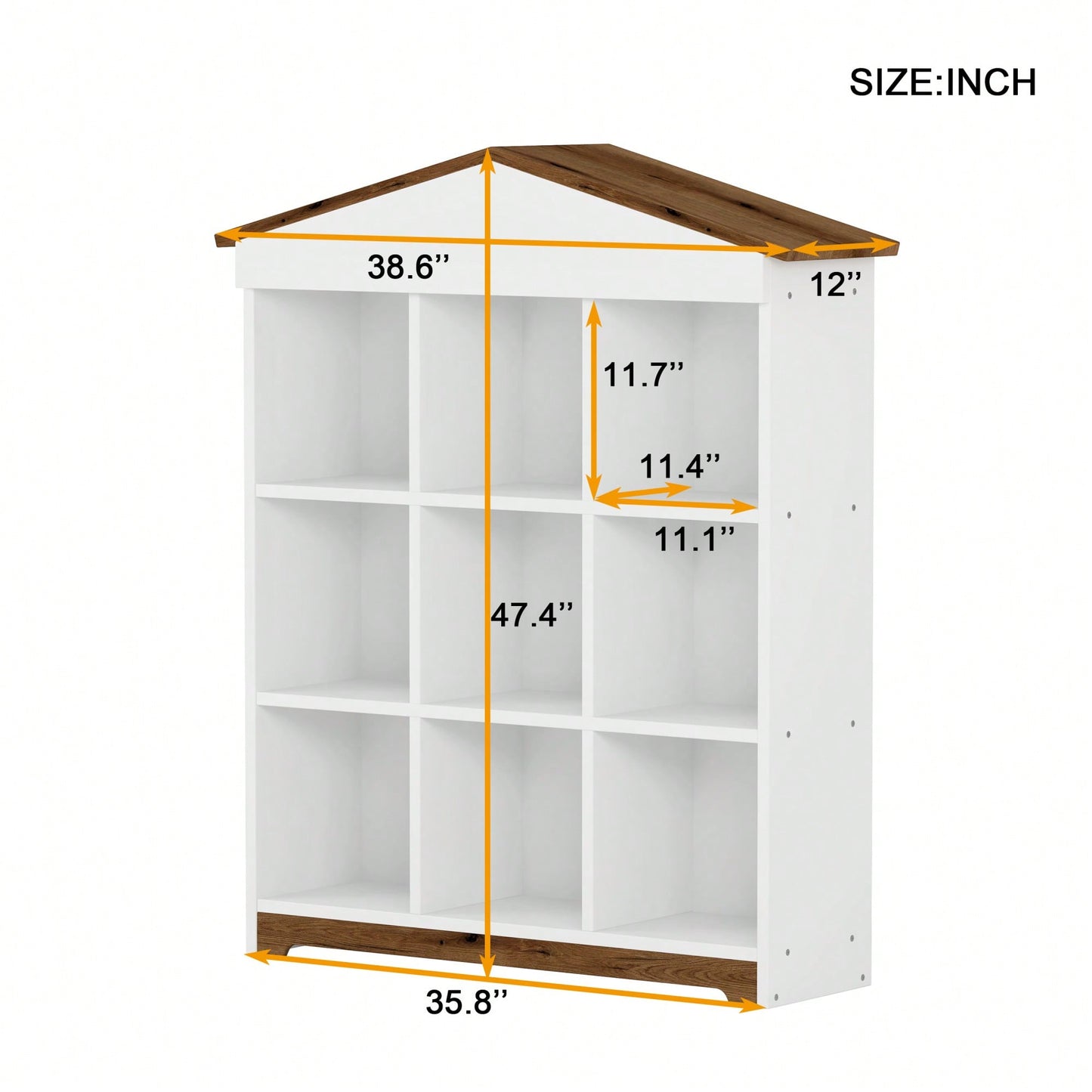 House-Shaped Three-Layer Bookshelf With Nine Colorblock Storage Compartments In White And Brown