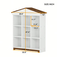 House-Shaped Three-Layer Bookshelf With Nine Colorblock Storage Compartments In White And Brown