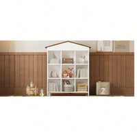 House-Shaped Three-Layer Bookshelf With Nine Colorblock Storage Compartments In White And Brown