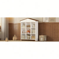 House-Shaped Three-Layer Bookshelf With Nine Colorblock Storage Compartments In White And Brown