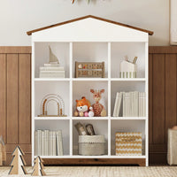 House-Shaped Three-Layer Bookshelf With Nine Colorblock Storage Compartments In White And Brown