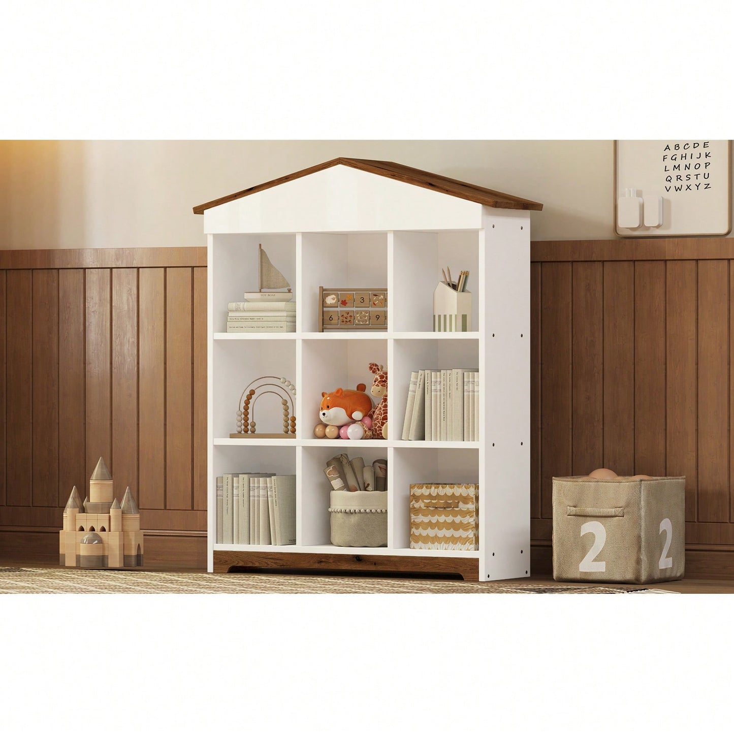 House-Shaped Three-Layer Bookshelf With Nine Colorblock Storage Compartments In White And Brown