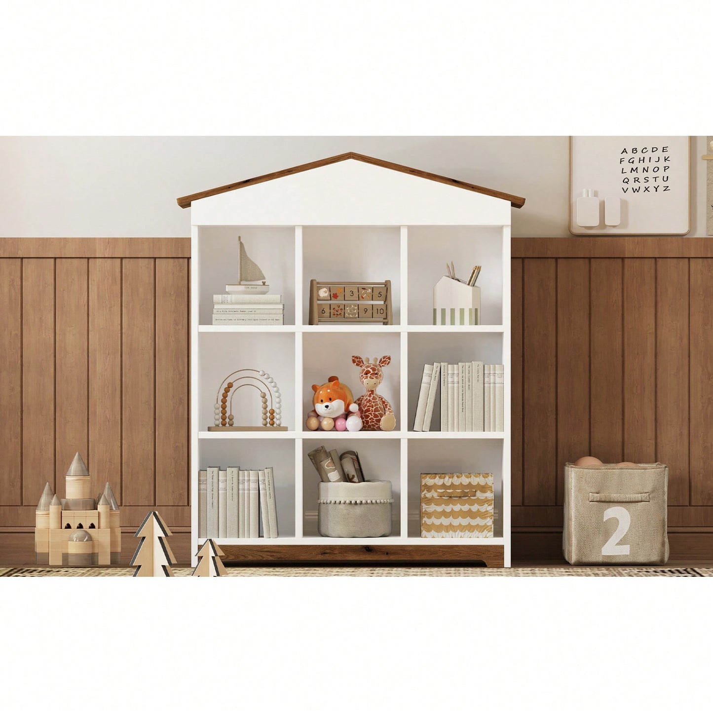 House-Shaped Three-Layer Bookshelf With Nine Colorblock Storage Compartments In White And Brown