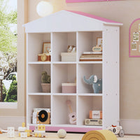 House-Shaped Three-Layer Bookshelf With Nine Colorblock Storage Compartments In White And Brown