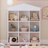 House-Shaped Three-Layer Bookshelf With Nine Colorblock Storage Compartments In White And Brown