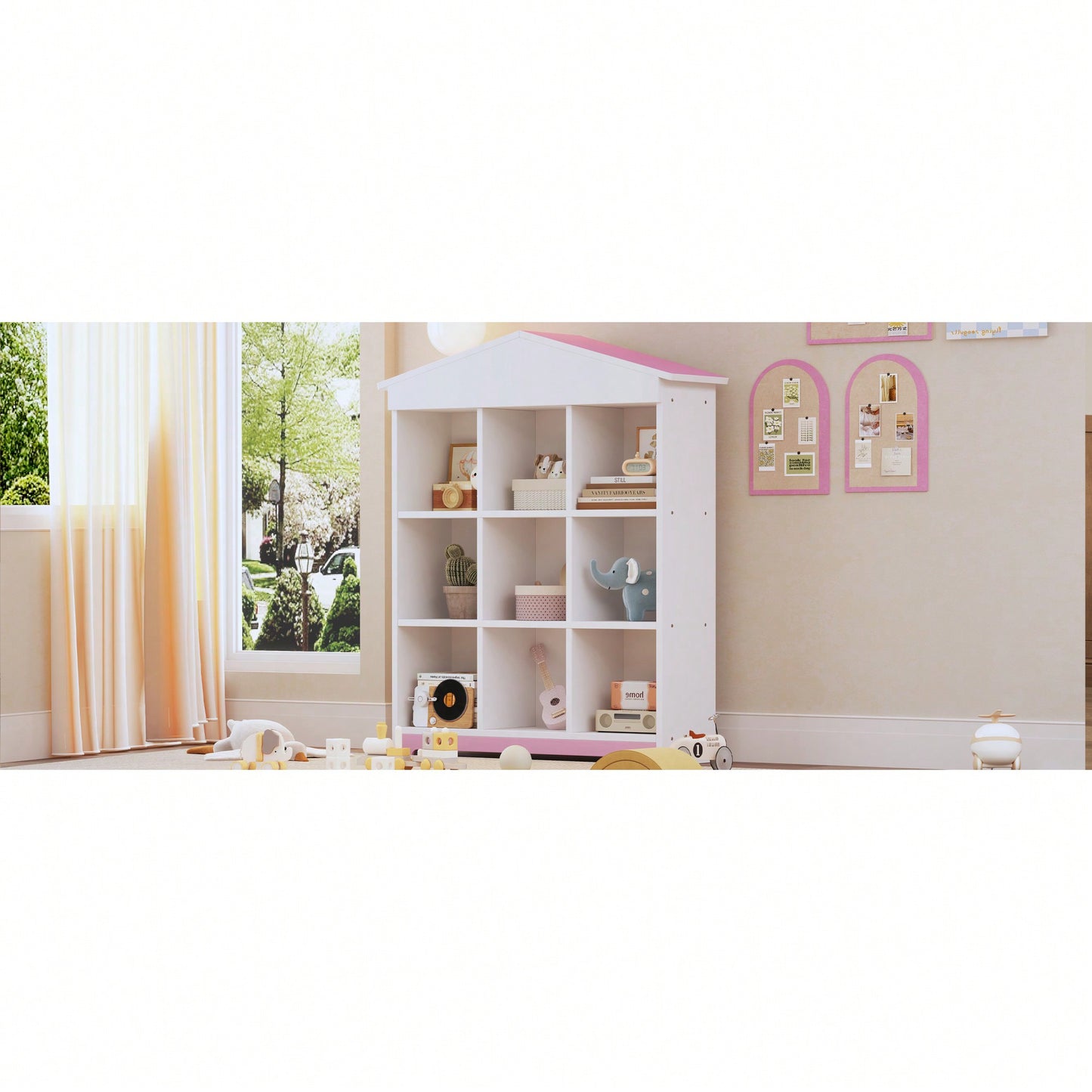 House-Shaped Three-Layer Bookshelf With Nine Colorblock Storage Compartments In White And Brown