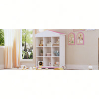 House-Shaped Three-Layer Bookshelf With Nine Colorblock Storage Compartments In White And Brown