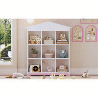 House-Shaped Three-Layer Bookshelf With Nine Colorblock Storage Compartments In White And Brown