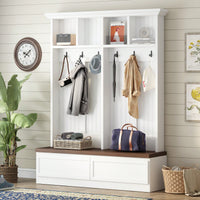 Versatile 4-In-1 Farmhouse Hall Tree With Wood Grain Bench, Mudroom Coat Rack, 2 Large Drawers, 6 Hooks For Entryway And Living Room, 55.9"Wx75.6"H