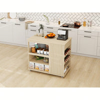 Modern Rolling Kitchen Island Cart With Storage Drawer And Wine Rack, Lockable Casters For Dining Room And Living Room Use