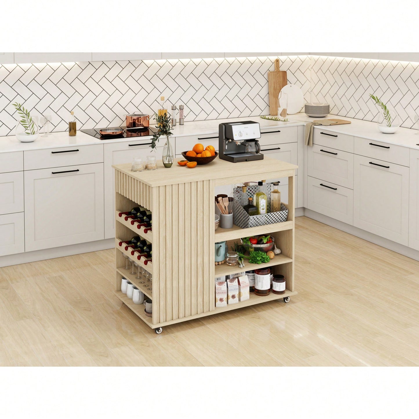 Modern Rolling Kitchen Island Cart With Storage Drawer And Wine Rack, Lockable Casters For Dining Room And Living Room Use