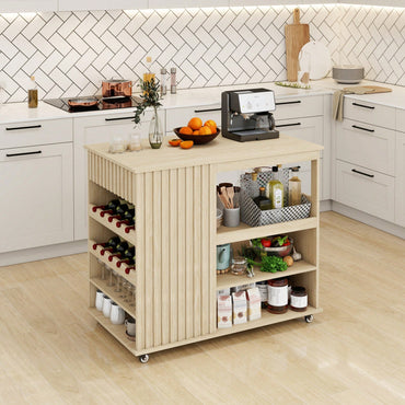 Modern Rolling Kitchen Island Cart With Storage Drawer And Wine Rack, Lockable Casters For Dining Room And Living Room Use