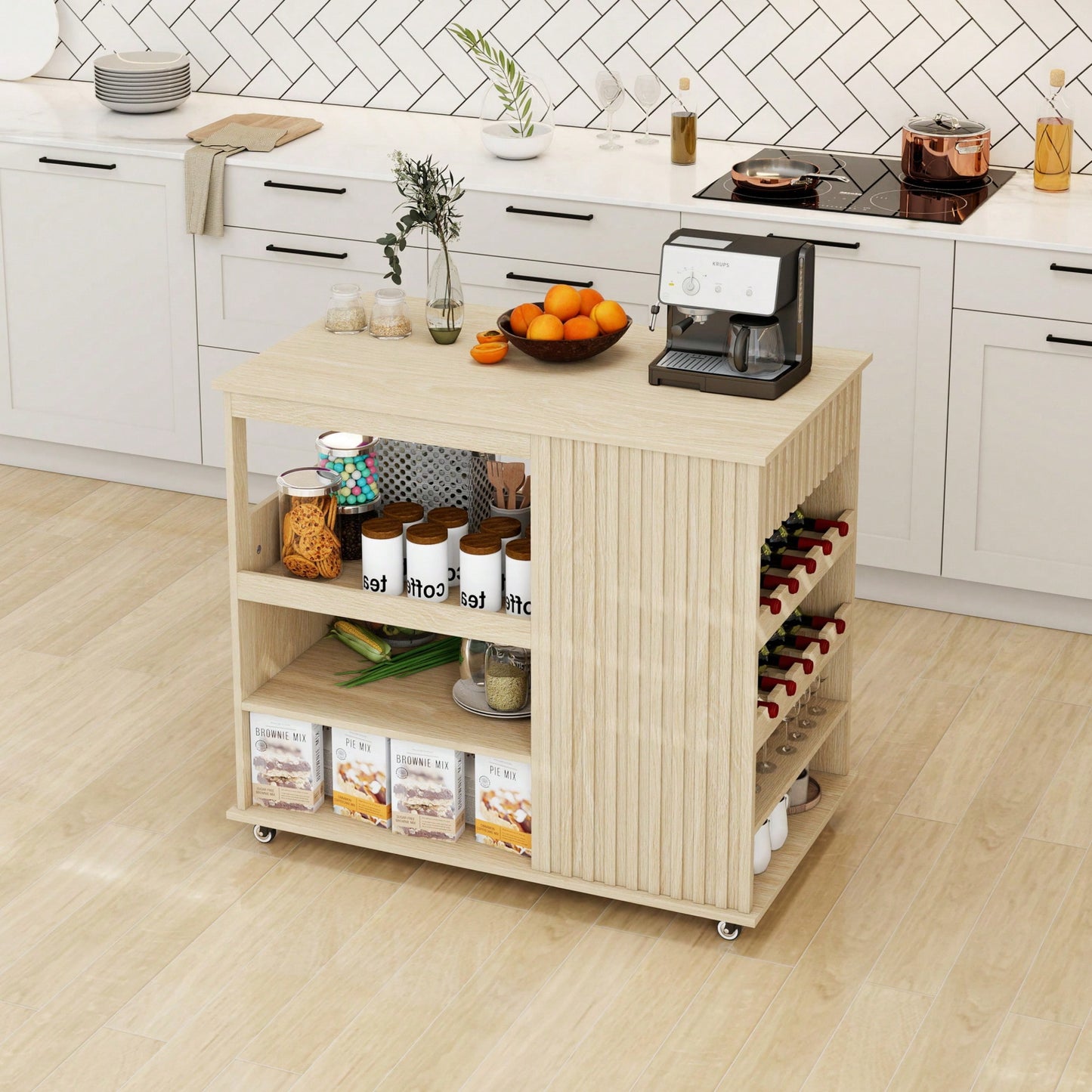 Modern Rolling Kitchen Island Cart With Storage Drawer And Wine Rack, Lockable Casters For Dining Room And Living Room Use