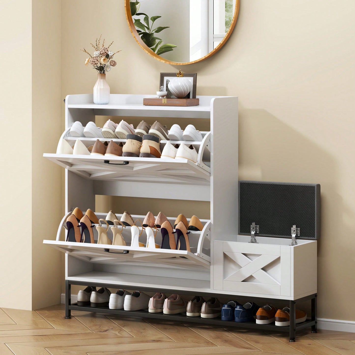 Stylish White Shoe Cabinet For Entryway And Balcony Storage With Large Capacity Shoe Rack