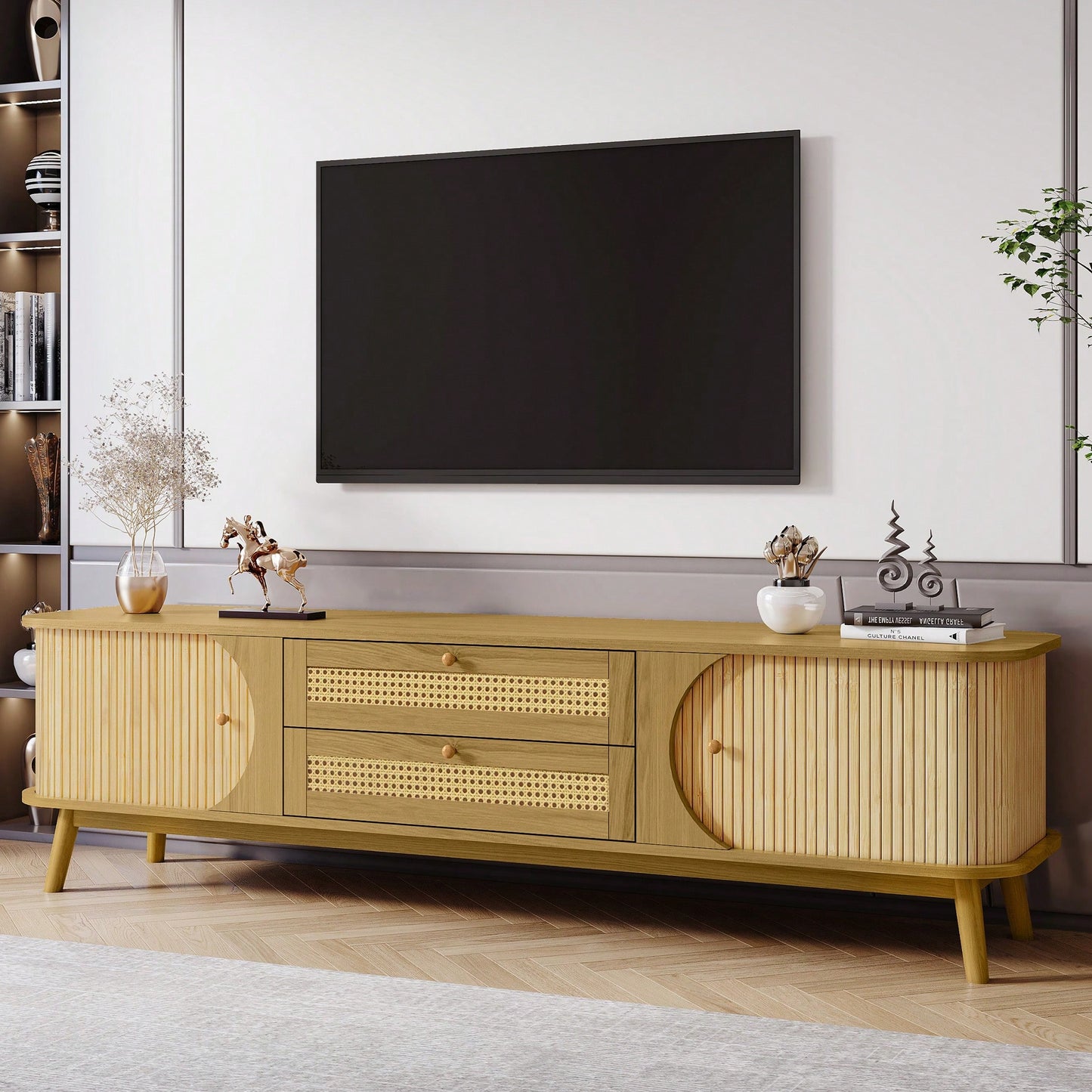 Modern Farmhouse TV Stand For 75 Inch TVs With Solid Wood Legs Stylish Media Console For Living Room And Home Theatre