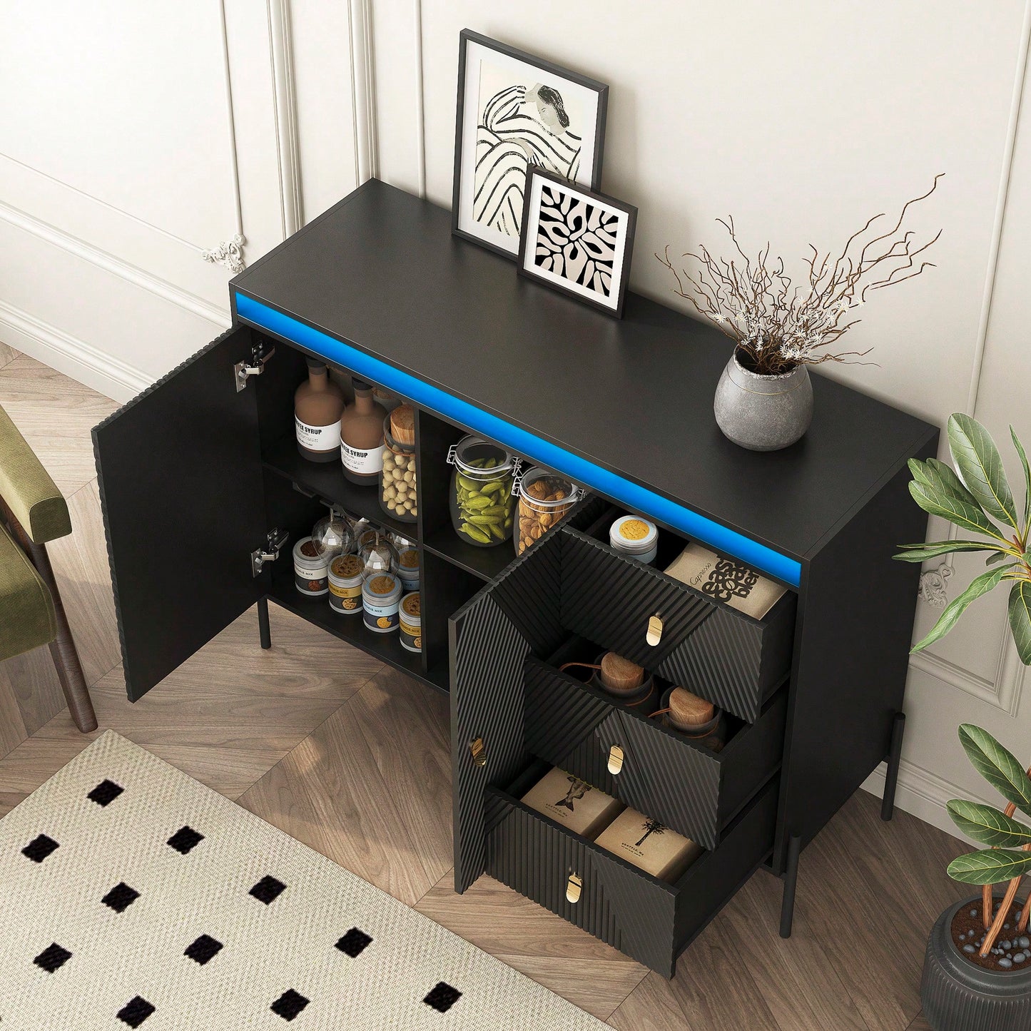 Elegant Fluted Sideboard Cabinet With LED Lights - 2 Door 3 Drawer Design For Dining Room And Kitchen Storage In Black