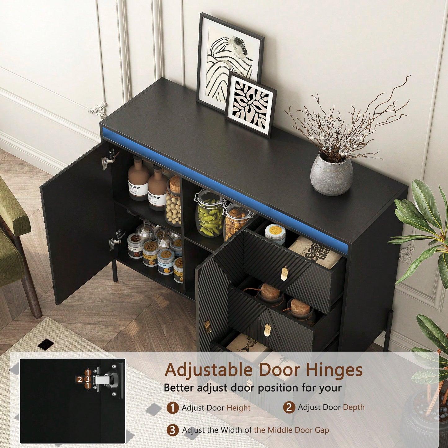 Elegant Fluted Sideboard Cabinet With LED Lights - 2 Door 3 Drawer Design For Dining Room And Kitchen Storage In Black