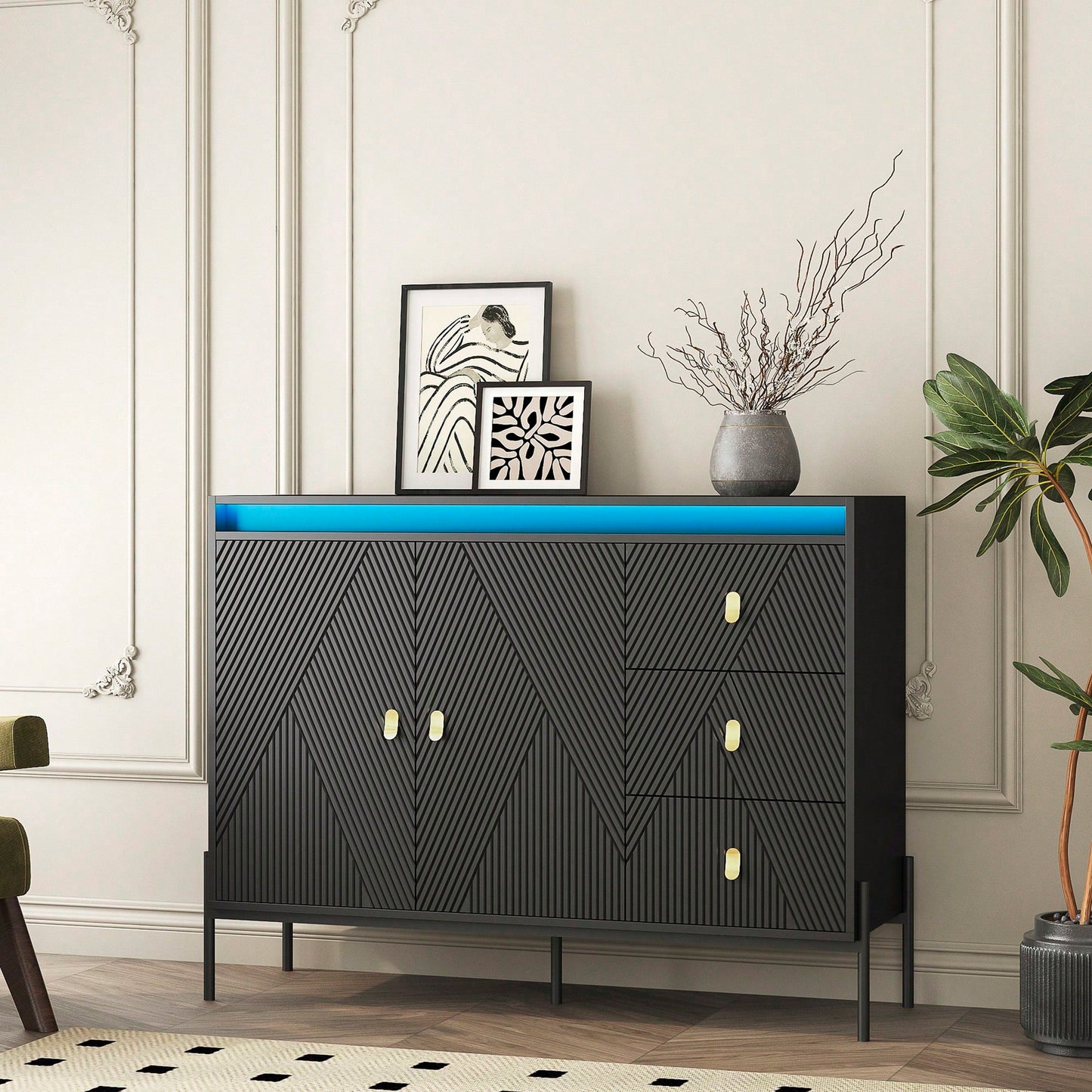 Elegant Fluted Sideboard Cabinet With LED Lights - 2 Door 3 Drawer Design For Dining Room And Kitchen Storage In Black