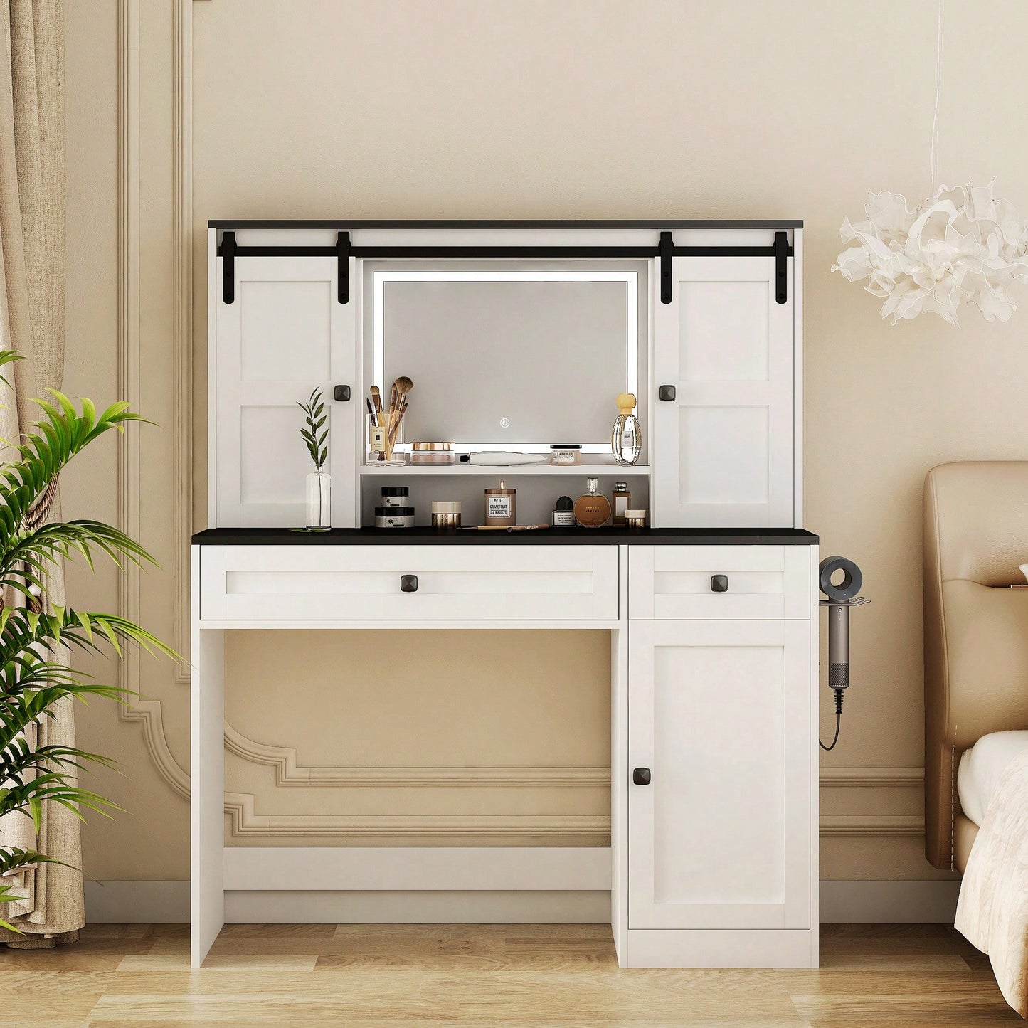 Elegant 43 Inch Wide Lighted Makeup Dressing Table With Drawer And Hair Dryer Holder For Modern Bedrooms In White