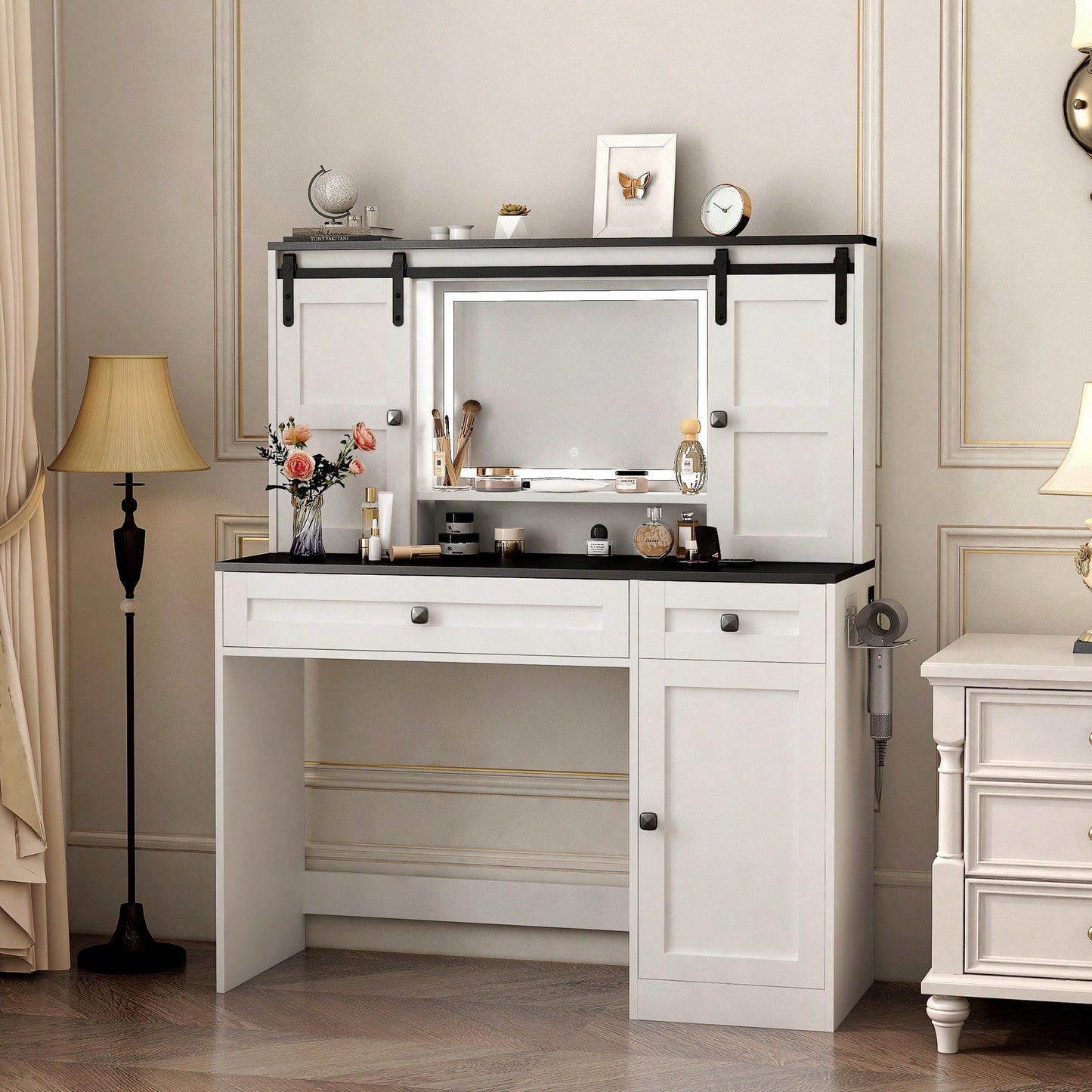 Elegant 43 Inch Wide Lighted Makeup Dressing Table With Drawer And Hair Dryer Holder For Modern Bedrooms In White