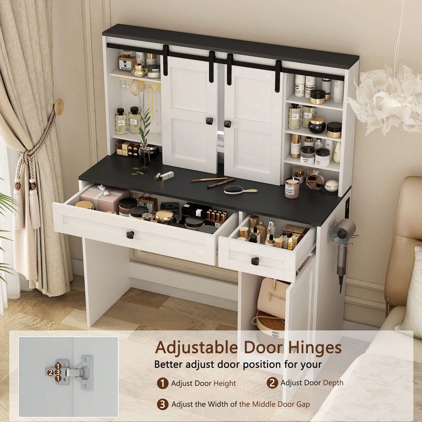 Elegant 43 Inch Wide Lighted Makeup Dressing Table With Drawer And Hair Dryer Holder For Modern Bedrooms In White