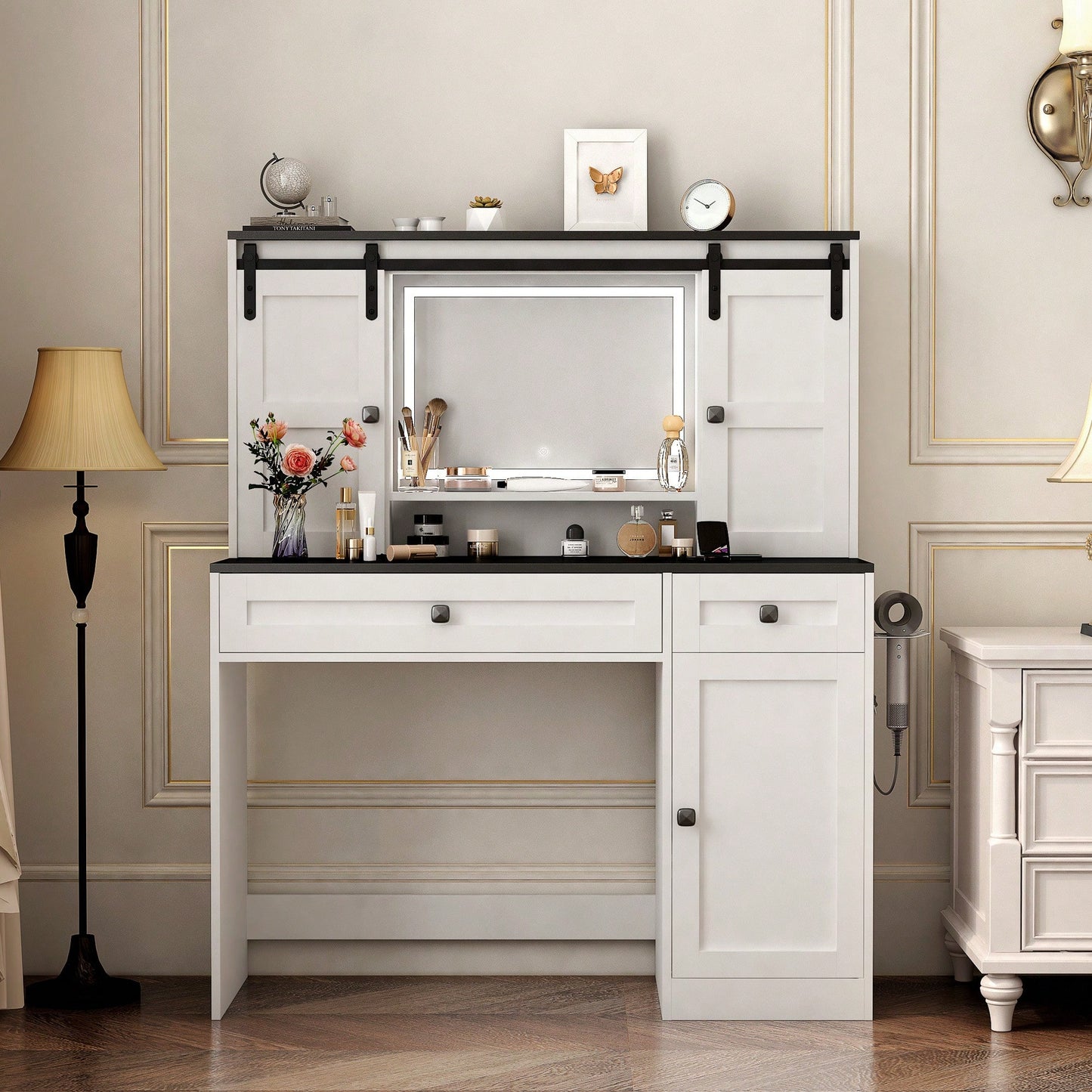 Elegant 43 Inch Wide Lighted Makeup Dressing Table With Drawer And Hair Dryer Holder For Modern Bedrooms In White