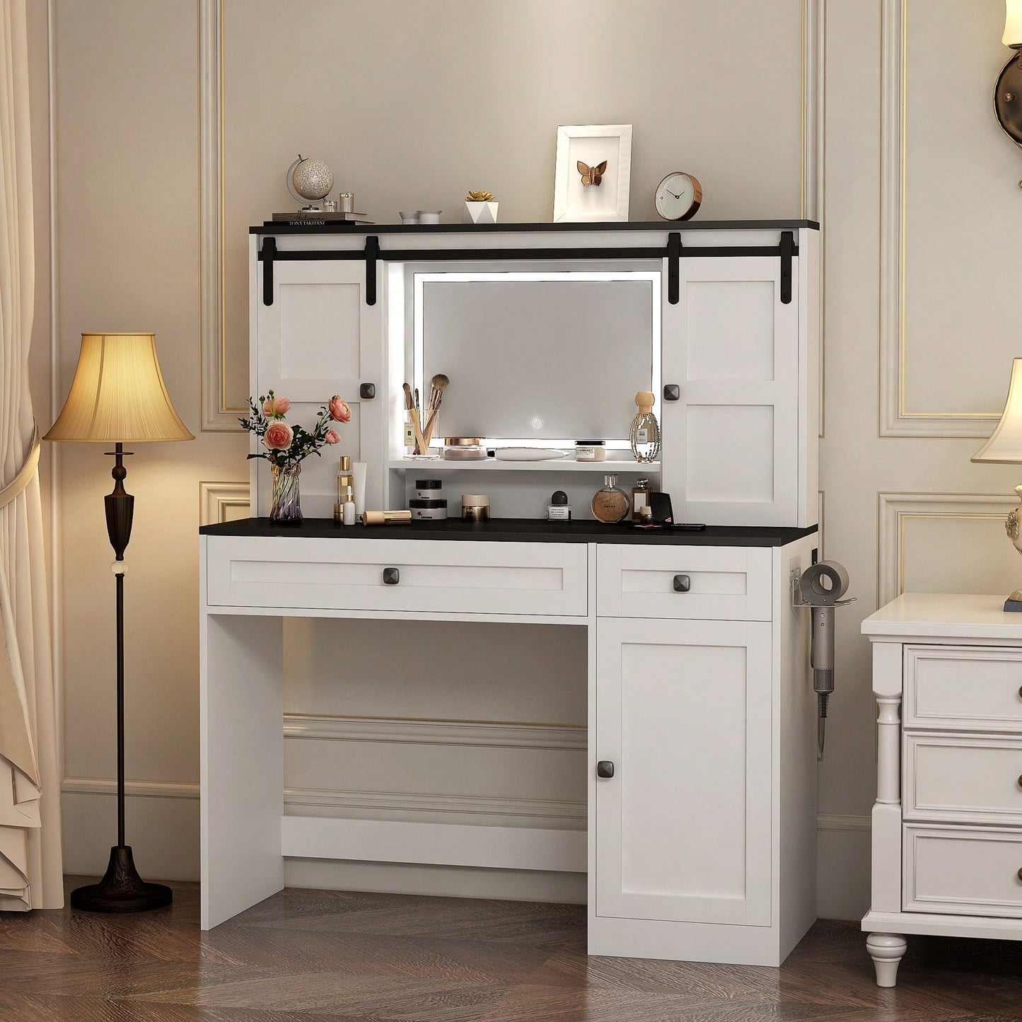 Elegant 43 Inch Wide Lighted Makeup Dressing Table With Drawer And Hair Dryer Holder For Modern Bedrooms In White