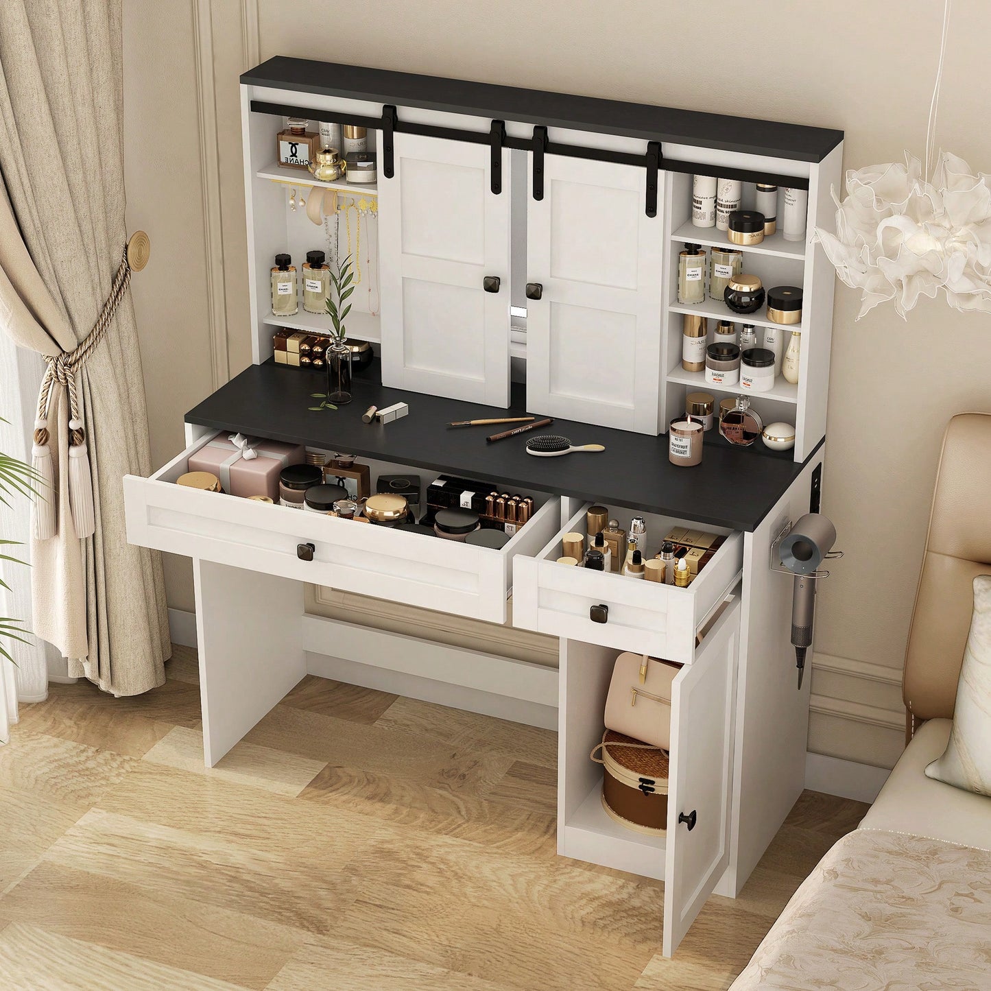 Elegant 43 Inch Wide Lighted Makeup Dressing Table With Drawer And Hair Dryer Holder For Modern Bedrooms In White