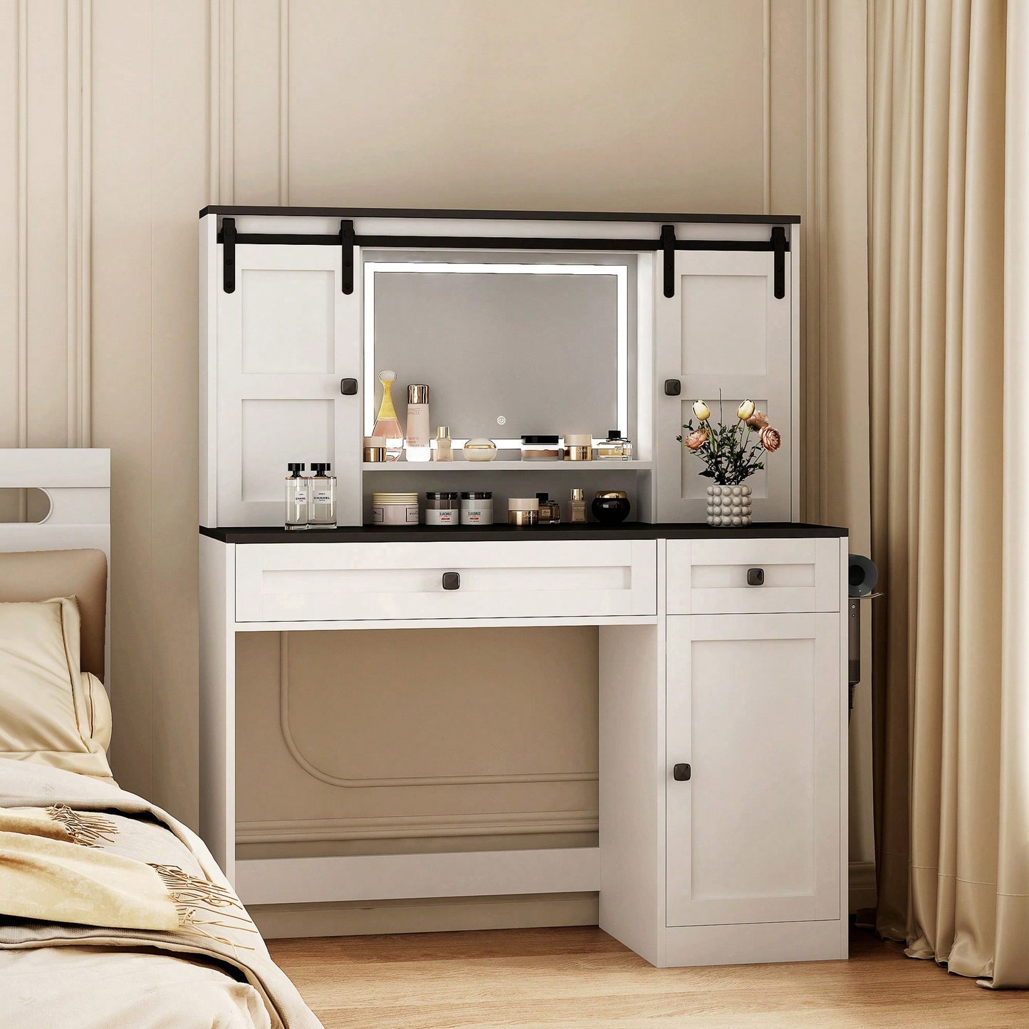 Elegant 43 Inch Wide Lighted Makeup Dressing Table With Drawer And Hair Dryer Holder For Modern Bedrooms In White