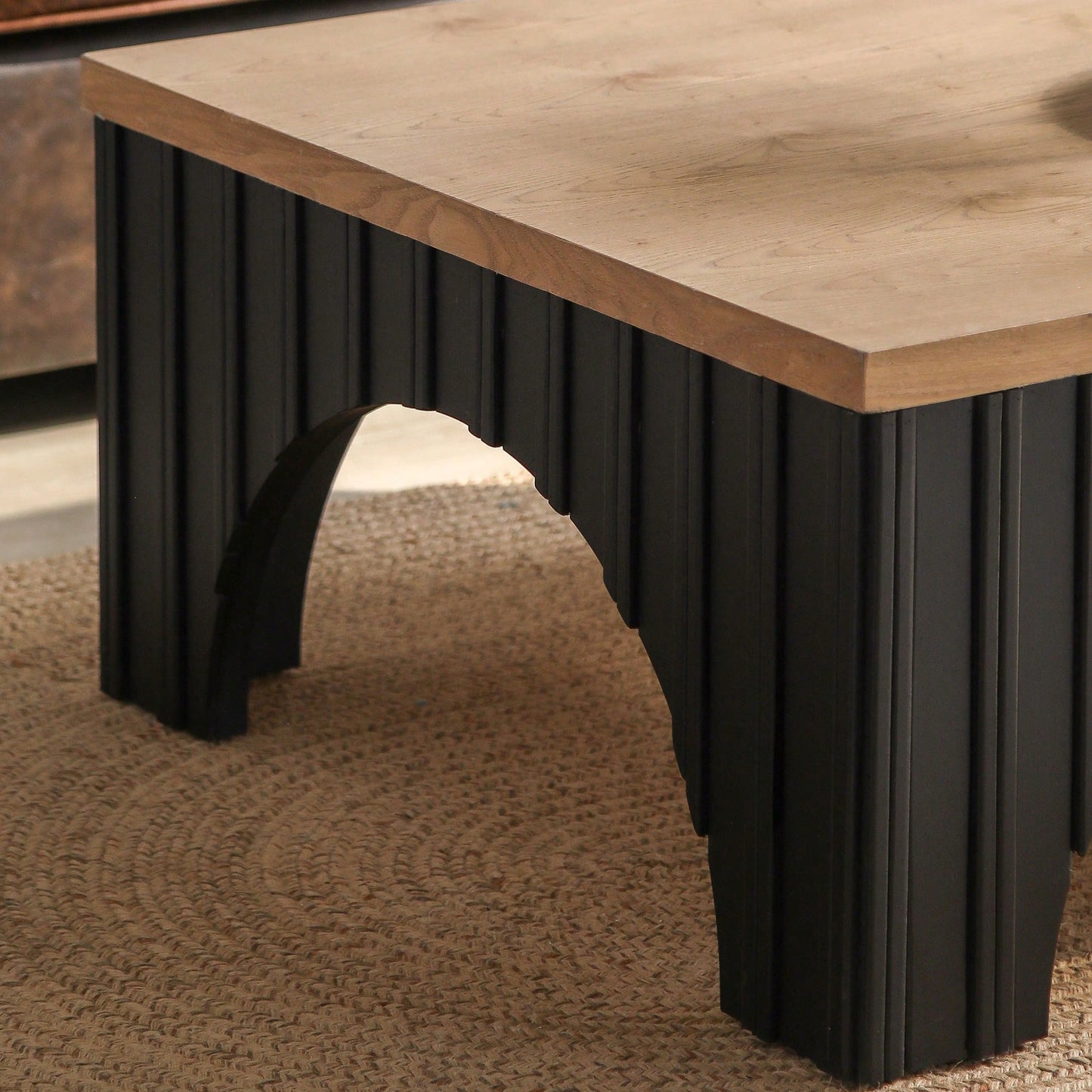 Rustic Solid Wood Coffee Table With Black Metal Base And Arch Legs For Living Room Office Or Lounge
