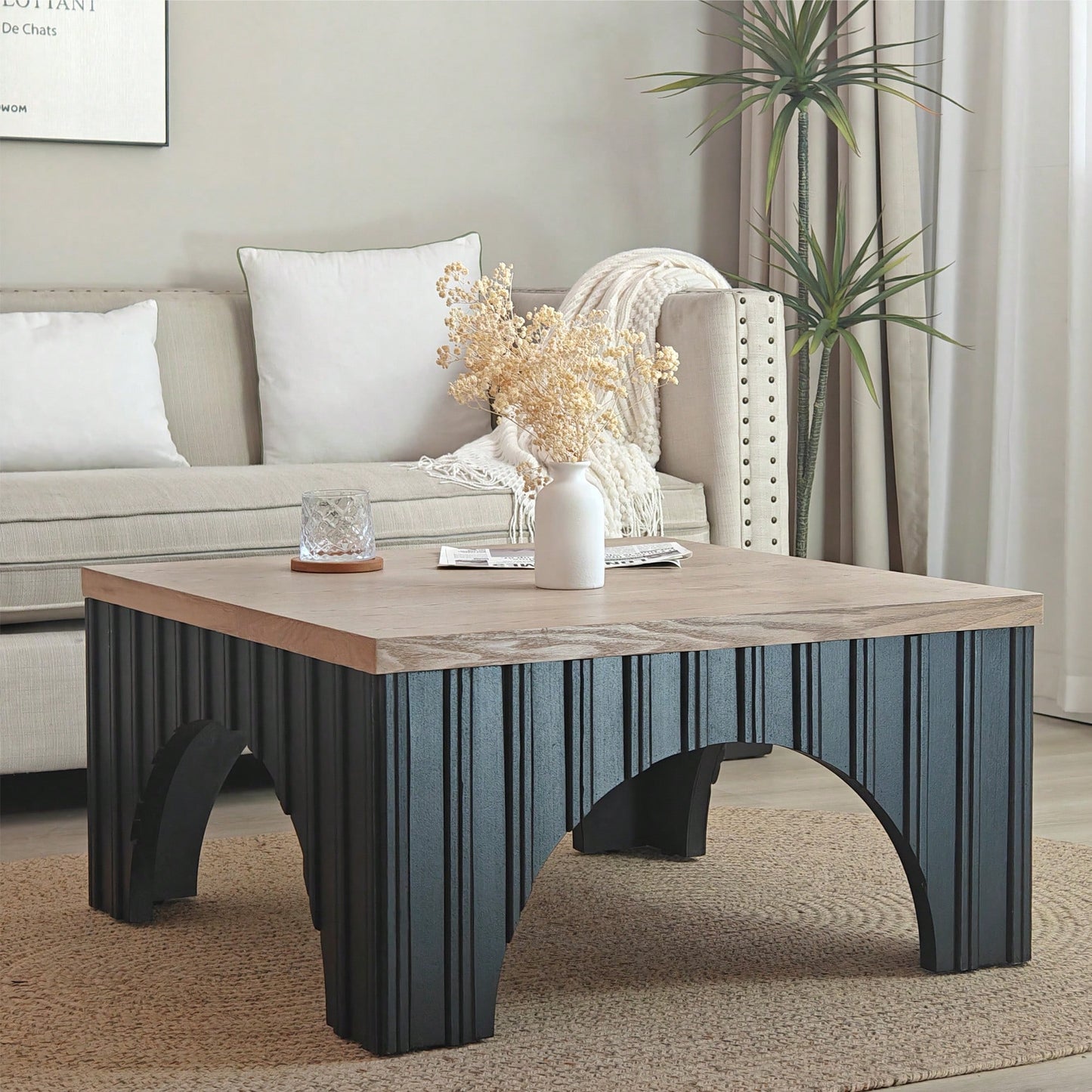 Rustic Solid Wood Coffee Table With Black Metal Base And Arch Legs For Living Room Office Or Lounge