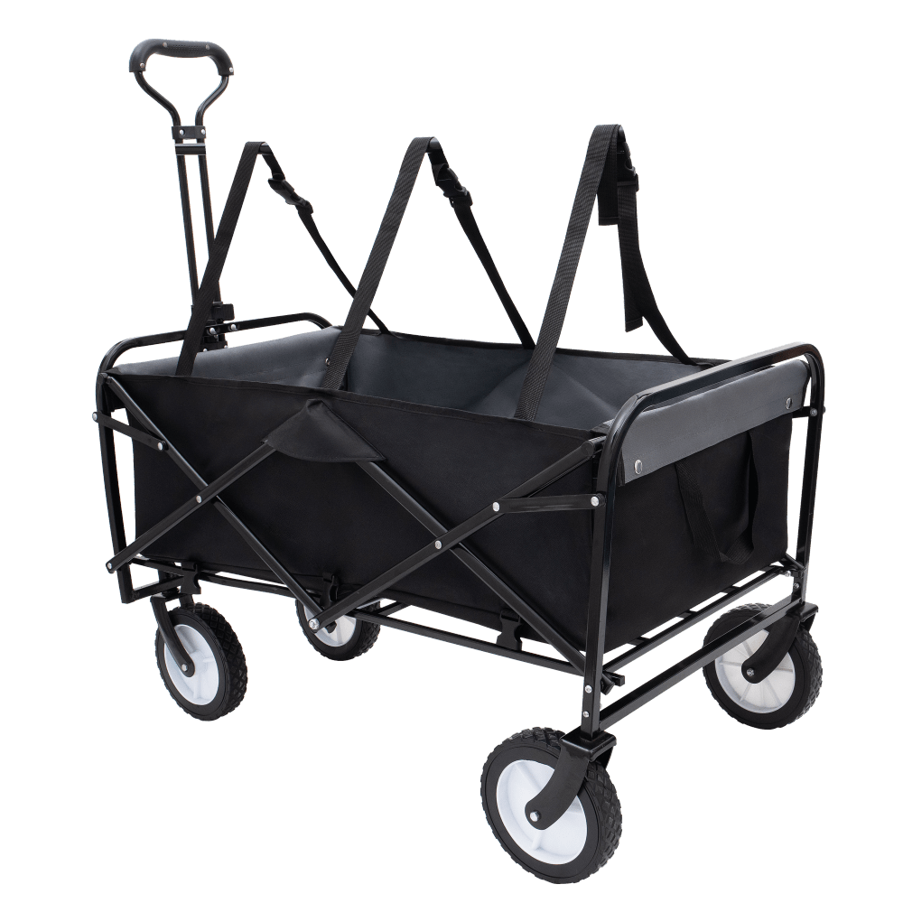 Collapsible Utility Wagon Cart With Strapping System For Beach Camping Shopping Gardening Fishing Supports 225lbs All-Terrain Wheels Black