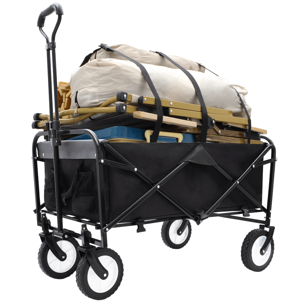 Collapsible Utility Wagon Cart With Strapping System For Beach Camping Shopping Gardening Fishing Supports 225lbs All-Terrain Wheels Black